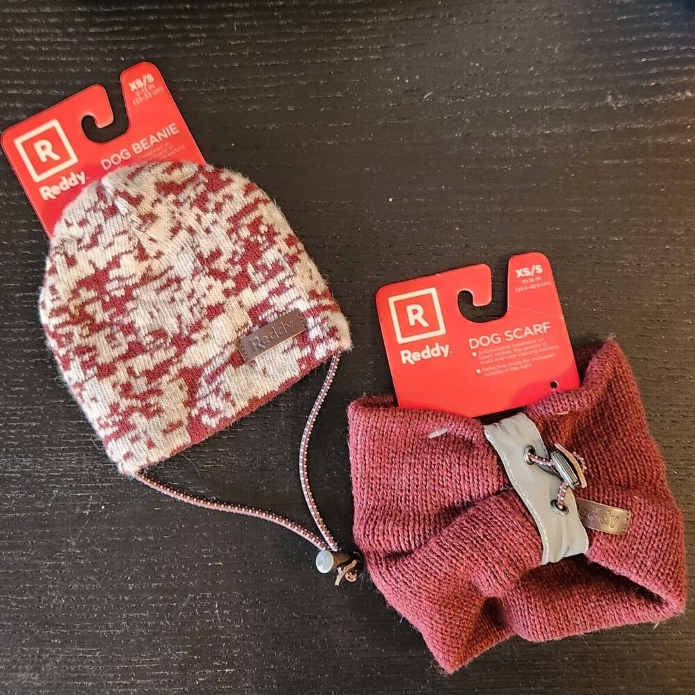 Reddy Reflective‎ Dog Cat Adjustable Sweater Scarf Maroon & Camo Beanie Hat XS/S